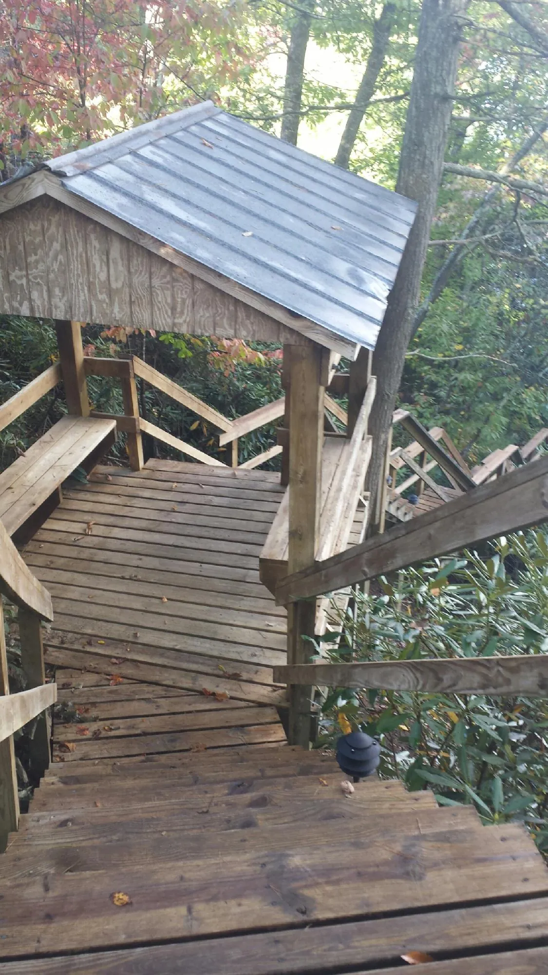 Metal roofed shelter over wooden steps on a wooded walkway — Skylight Repair & Installation work by our crew in Mount Horeb